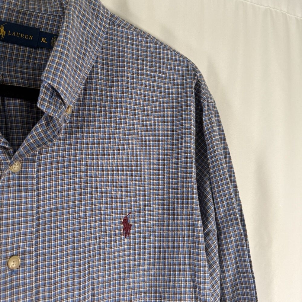 Ralph Lauren Dress Shirt Men's XL Blue Plaid Button Up Long Sleeve 100% Cotton - Picture 3 of 11